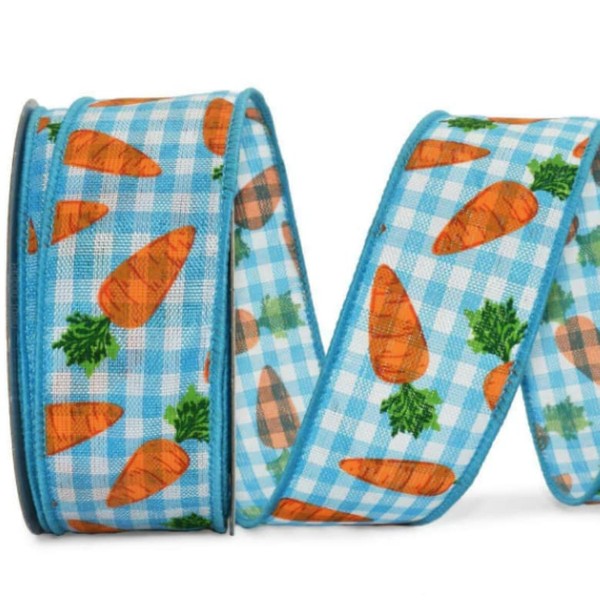 1 Pcs 1 1/2"W Spool Gingham Wired Ribbon Bunny Carrots