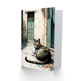 Artery8 Street Cat Sunbathing on Cobblestone Street Modern Illustration Art Birthday Sealed Greeting Card Plus Envelope Blank inside