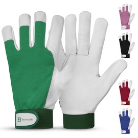 Gardening Gloves for Men & Women, Leather Palm & Breathable Spandex Back, Thorn-Proof Gardening Gloves, Multipurpose Safety Gloves for Mechanics, Warehouse, Driving, Digging, Landscaping (Green, S)