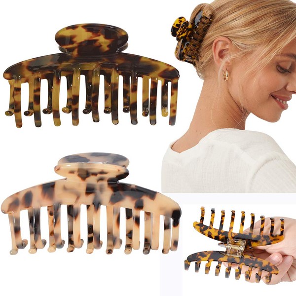 Big Claw Hair Clips 3.8 Inch Tortoise Banana Hair Clips for Women Girls Thin Hair French Design Celluloid Leopard Print Strong Hold Hair Clips for Thick Hair, 2 Color Available (2 Packs)