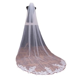 WEZTEZ Bridal Veils Lace Flower Wedding Veil,1 Tier Pearl Cathedral Length Bride Veil With Metal Comb (white)