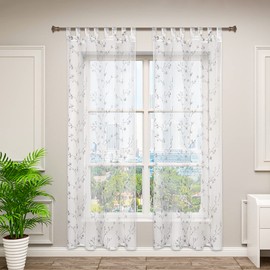 WOLTU #1896-2 Set of 2 Transparent Curtains, Embroidered Flowers, with Loops, Linen Look, Double Pack Curtain Stores, Voile Window Curtain, Decorative Curtain for Living Room, Bedroom