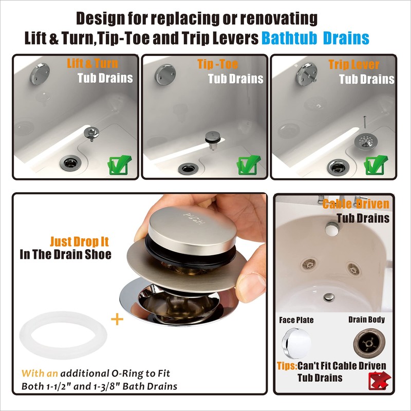 Artiwell Brushed Nickel Universal Tip Toe Tub Drain Conversion Kit