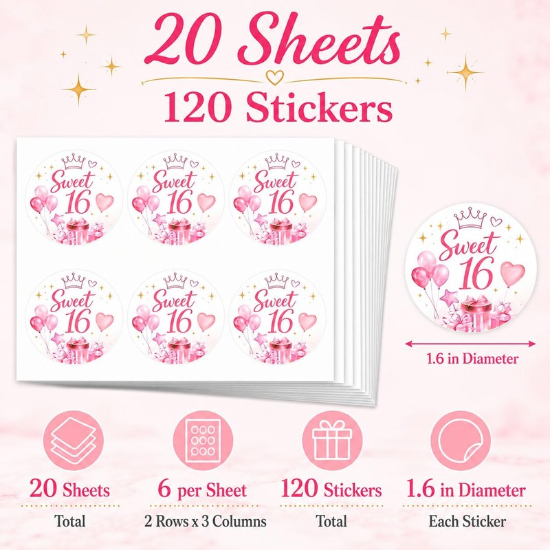 Sweet 16 Birthday Favor Stickers: 120 Paper Round Labels