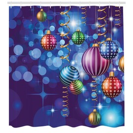 ABAKUHAUS Christmas Shower Curtain, Happy New Year Party, Fabric Fabric Bathroom Decoration Set with Hooks, 175 x 200 cm, Multicoloured Indigo