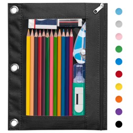 Forvencer Pencil Pouch for 3 Ring Binder, Large Pencil Case Pouch with 3 Reinforced Grommets, Pen Bag, Clear Window Pencil Case, Binder Accessories, Black