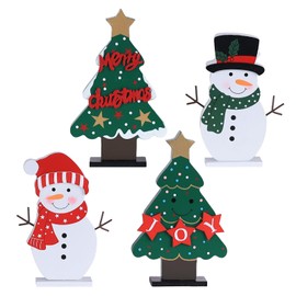 DECSPAS Christmas Decorations Indoor, 4 PCS Wood Christmas Trees & Snowmen for Centerpiece Table Decorations, Wooden Tiered Tray for Xmas Decor, Home, Winter, Tabletop, Mantel, Shelf, Fireplace, Gifts