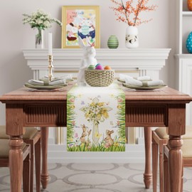 BOTB LIHM Easter Watercolor Cross Bunny Flowers Leaves Butterfly Rabbits Cloth Table Runner Burlap Table Decoration for Spring Home Kitchen Dining Dinner Indoor Holiday Farmhouse Decor 13x48 Inch