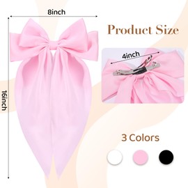 3 PCS Big Hair Bows for Women Girls,TOKUFAGU Large Hair Ribbon Bow Barrette Clips for Girls,Hair Bows with Long Tail Vintage French Hair Accessories for Women (White+Black+Light Pink)