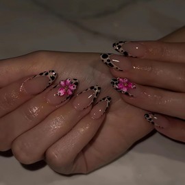 LPOODDNU Leopard French Tip Press on Nails Medium Almond Fake Nails with 3D Flower Designs Black French False Nails Spring Floral Glue on Nails Glossy Acrylic Nails Stick on Nails for Women 24Pcs