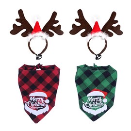 bubblestar 4 PCS Christmas Dog Bandanas,Dog Christmas Reindeer Antlers Headband ,Christmas Classic Buffalo Plaid Pets Scarf Triangle Bibs Kerchief Accessories for Small Large Dogs Pets Costume(C)