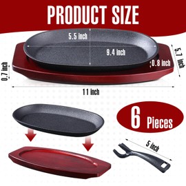 Mifoci 6 Pieces Oval Cast Iron Fajita Skillet Pan Set Small Sizzling Steak Plate with Wooden Base and Handle Cast Iron Fajita Skillet Sizzling Plate for Home Restaurant Barbecue Wedding autumn Party