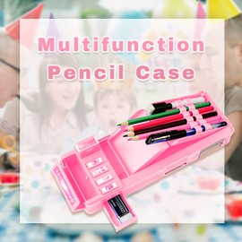 LilyBeauty Pop Up Multifunction Pencil Case for Girls and Boys, Cute Cartoon Organizer Stationery with Lock, Sharpener, Schedule, Whiteboard, School Supplies, Best Gifts for Kids(Pink)