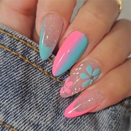 DOCVOEOMH Almond Shaped Press on Nails Medium Ombre Blue Pink Acrylic Fake Press Ons Nails with French Flower Design Glue on Full Cover Artificial False Stick on Nail for Girls Women Daily Wear 24PCS