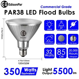 EdisonPar Full-Glass PAR38 LED Flood Light Bulbs Outdoor/Indoor Equivalent 350 Watt, 5500 Lumens Ultra Bright, Non-Dimmable Waterproof 5000K Daylight, 4-Pack
