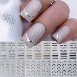 3 Pieces French Tip Line Nail Art Stickers 3D Gold Silver Black Simple Lines French Nail Decals with Rhinestone Design Self-Adhesive Nail Art Supplies for Women Girls Acrylic Manicure Decorations
