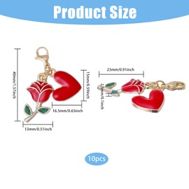 CHGCRAFT 10 Pcs Enamel Rose Pendant Red Hearts Pendant Alloy Rose Heart Pendant Charms With Lobster Claw Clasps for Earrings Necklace Keychain Handcraft Accessory