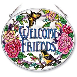 Amia Hand Painted Glass Suncatcher with Welcome Friends Design, 5-1/4-Inch by 7-Inch Oval