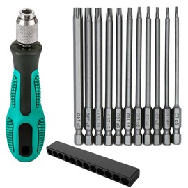 11-Piece Magnetic Torx Bit Set, 1/4 Inch Torx Screwdriver Bit Set, with Handle, T6-T40 100 mm Long Hexagonal Shank, S2 Steel Star Head Screwdriver Bit Set