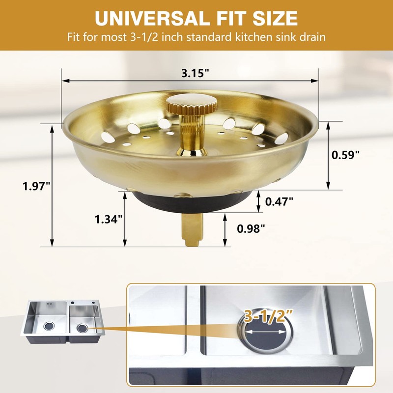 JEAPHA 2 Pcs Gold Sink Strainers Replacement for Standard 3-1/2