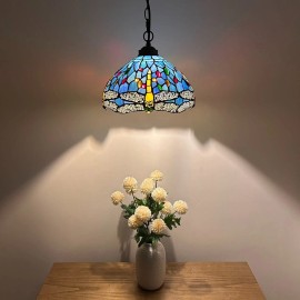 ENJOY DECOR LAMPS Tiffany Style Hanging lighting Dragonfly Blue Stained Glass LED Bulb 60'H*12"W