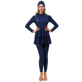 OBEEII Womens Muslim Swimsuits Full Coverage Long Sleeve Swimwear Burkini Hijab Bathing Suit, Blue, Medium