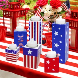 obbsie 6pcs 4th of July Decorations, Patriotic Wood Candle Holders with Tea Lights 4th of July Tiered Tray Decor Centerpieces Table Signs for Independence Day Memorial Day Rustic Farmhouse Decor