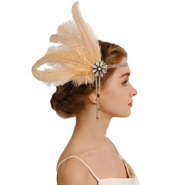 changyexi Champagne Feather headband Flapper Headpiece - Rhinestone Accent 1920s Hair Accessory, Great Gatsby Inspired