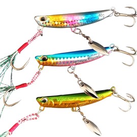 TACTICAL FISHING 3 Jigs de 1.5oz (40g) con cucharilla Spinner - Pack con 3 señuelos de Pesca para mar, Playa, Rocas, río y más. Lances Largos. Anzuelo Triple y Asistente. Agua Salada y Dulce.