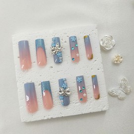 Press on Nails Long Square Fake Nails with 3D Butterfly Flower Designs Blue French Tip Nails Press ons Glitter Rhinestones Glue on Nails Nude Acrylic Nails Summer Stick on Nails for Women 24Pcs