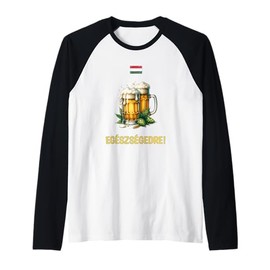Egészségedre! Cheers in Hungarian with Beer Mugs and Flag Raglan Baseball Tee