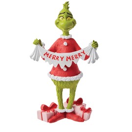 Enesco Department 56 Dr. Seuss The Grinch Holding Merry Christmas Banner Figurita, 8.875 Pulgadas, Multicolor
