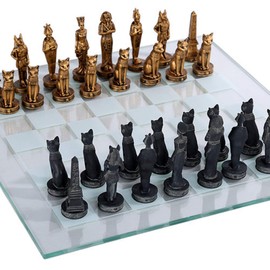 Pacific Giftware Ancient Egyptian God Kingdom Civil War Chess Set with Glass Board 17" x 17" -33PCS [Gold & Black] [Obelisk, Anubis, Bastet, King TUT, Nefertiti, Osiris]