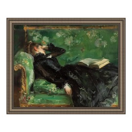 Framed Vintage Woman Reading Book Canvas Wall Art Moody Black and Green Oil Painting Living Room Bedroom Decor Home Artwork
