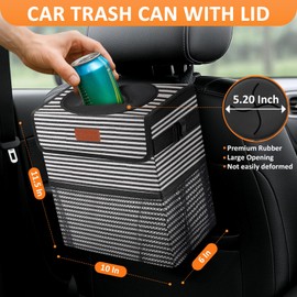 Vankor 3 Gallons Car Trash Can with Lid, Car Trash Bag Bin Hanging Waterproof Automotive Garbage Cans Leak Proof Vehicle Trash Can Stripe