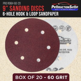 ProductionShop Premium 9" Red 6-Hole Pattern 60 Grit Sanding Discs, Box of 20 - Dustless Hook & Loop Backing Sandpaper for Drywall Power Sanders, Coarse-Cut Abrasive - Woodworking, Sand Auto Paint