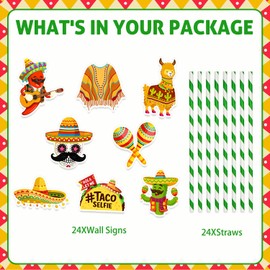 24 Pcs Fiesta Paper Straws – Mexican Theme Disposable Drinking Straws with Sombrero, Llama, Taco, Poncho, and Maracas Decorations for Cinco de Mayo, Taco Nights, and Fiesta Parties