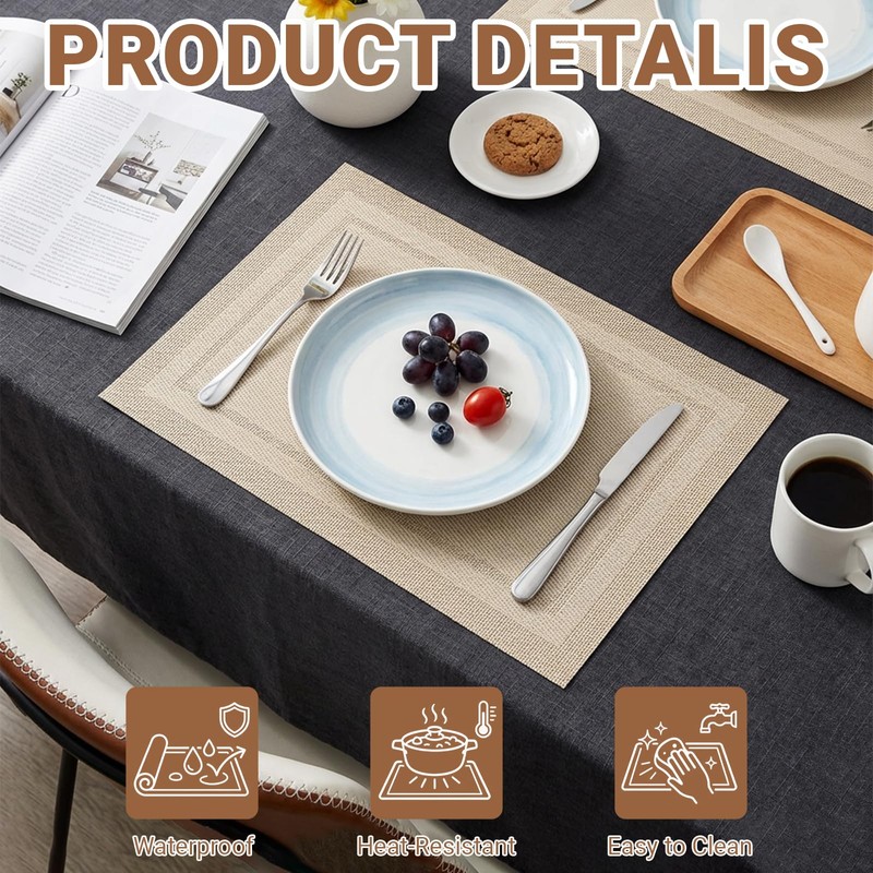 Placemats Set of 6, 30x45cm PVC Table Mats, Heat Resistant