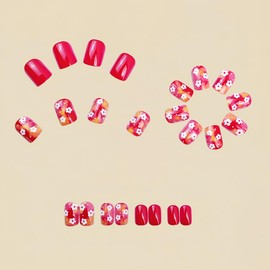 Red Press on Nails Short Square Sping Summer Fake Nails QUNQINLI False Nails Press ons with Small Flowers Design Nail Art Tips Full Cover Artificial Glossy Glue on Nails for Women Manicure 24 Pcs