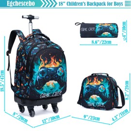 Egchescebo Kids Rolling Backpack for Boys Gamepad Suitcases Trolley Roller Luggage Backpacks with 360° Rotating Wheels 15" Laptop Lunch Box Pencil Case for Elementary 18” Travel School Bag Blue
