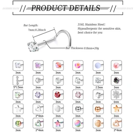 MILACOLATO 30Pcs Hypoallergenic Nose Rings Studs 316L Stainless Steel Nose Piercings Jewelry Straight L Shaped Corkscrew Nose Ring Studs Cubic Zirconia Opal Nose Studs for Women Men 20G Screw