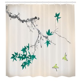 Ambesonne Japanese Shower Curtain, Cherry Blossom Sakura Tree Branches Romantic Spring Themed Watercolor Picture, Cloth Fabric Bathroom Decor Set with Hooks, 69" W x 70" L, Dark Seafoam