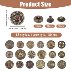 CHGCRAFT 18 Sets 18 Styles Antique Fasteners Snaps Alloy Brass Snap Buttons for Wallet Decorative Closure DIY Crafting Projects Sewing Decoration, Antique Bronze, 0.6X0.3inch/15x7mm