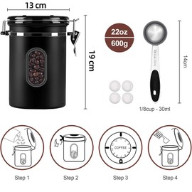 EZKOXAH Airtight Coffee Beans Canister, Stainless Steel Container with 30 ML Measuring Scoop & Date Tracker & Transparent Window, Kitchen Grinding Food, Tea, Nuts Storage (Black, M (1.8 L))
