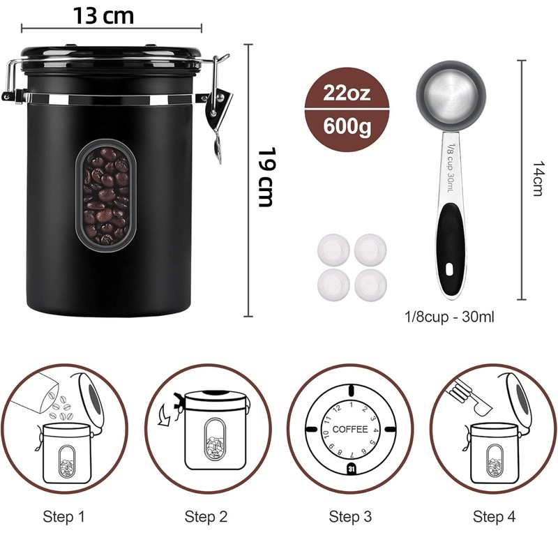EZKOXAH Airtight Coffee Beans Canister, Stainless Steel Container with 30