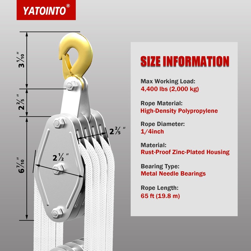 YATOINTO Rope Pulley Hoist with Metal Bearing 4400 LB, 8:1
