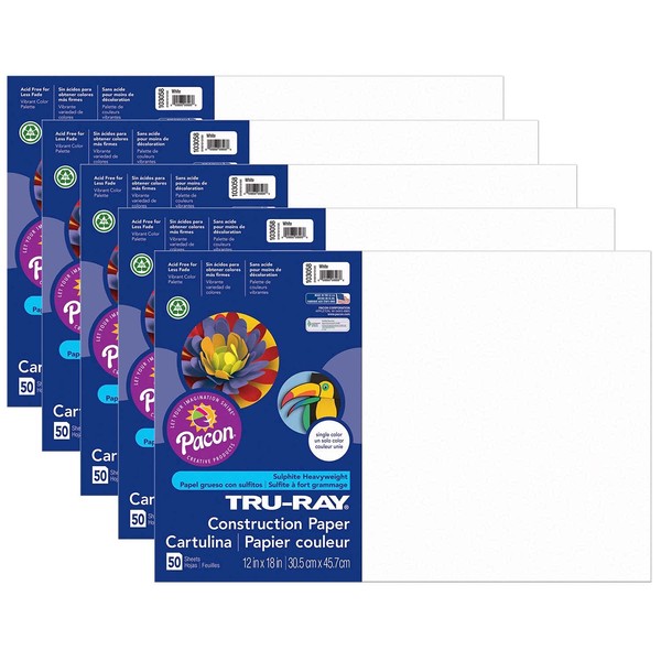 Tru-Ray® Construction Paper, White, 12" x 18", 50 Sheets Per Pack, 5 Packs