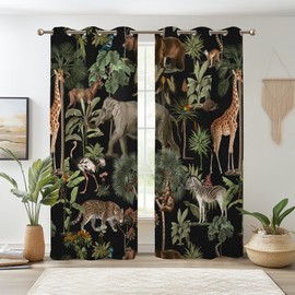 Renaiss Tropical Jungle Animal Blackout Curtain Forest Safari Wildlife Animals World Pattern Printed Curtains Giraffe Elephant Room Darkening Energy Saving Grommet Curtains 29" W x 55" L, 2 Panels