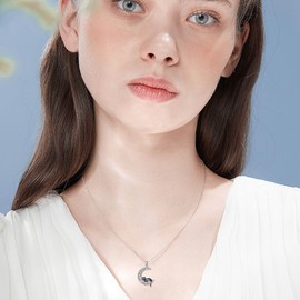 URONE Cat Necklace 925 Sterling Silver Cat Moon Pendant Necklace Cat Jewellery Gifts for Women Girls, Sterling Silver, No Gemstone