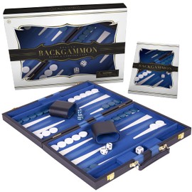 Crazy Games Backgammon Set - Classic Blue Medium 15 Inch Backgammon Sets for Adults Board Game with Premium Leather Case - Best Strategy & Tip Guide (Blue, Medium)